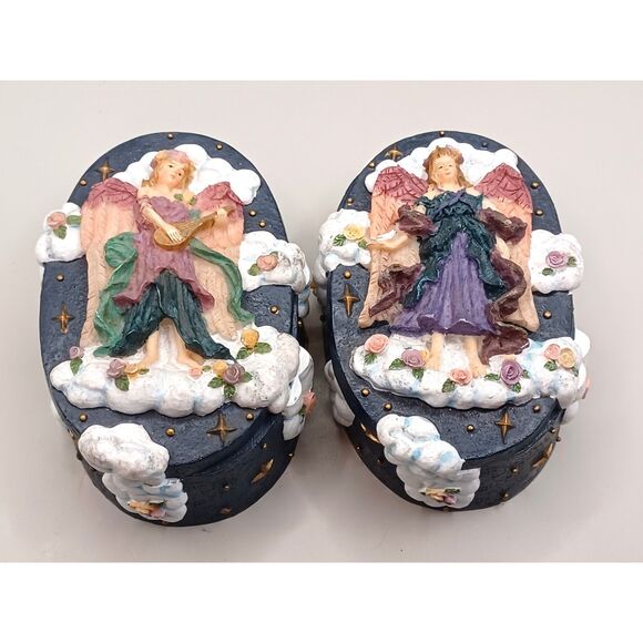 Vintage Pair of Angels on Clouds Intricate Detail Trinket Keepsake Boxes - Picture 1 of 11